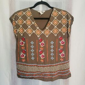 Savanna Jane Embroidered Aztec Southwestern Boho Top Green Size S